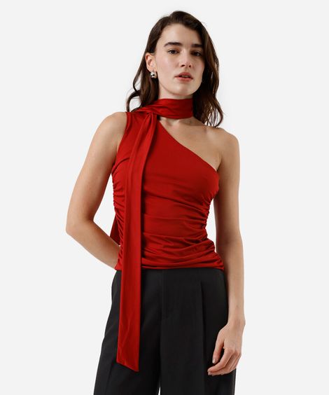 blusa ombro único feminina franzida com amarração vermelha