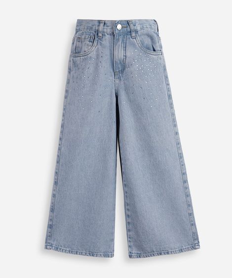 calça infantil wide leg jeans com strass azul
