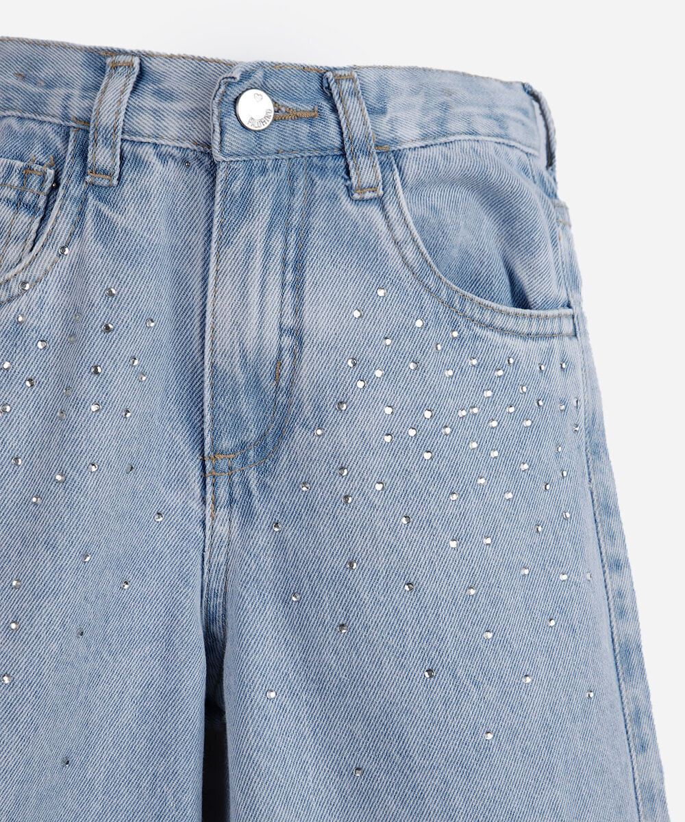 calça infantil wide leg jeans com strass azul