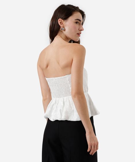 blusa peplum sem alça feminina floral acetinada off white