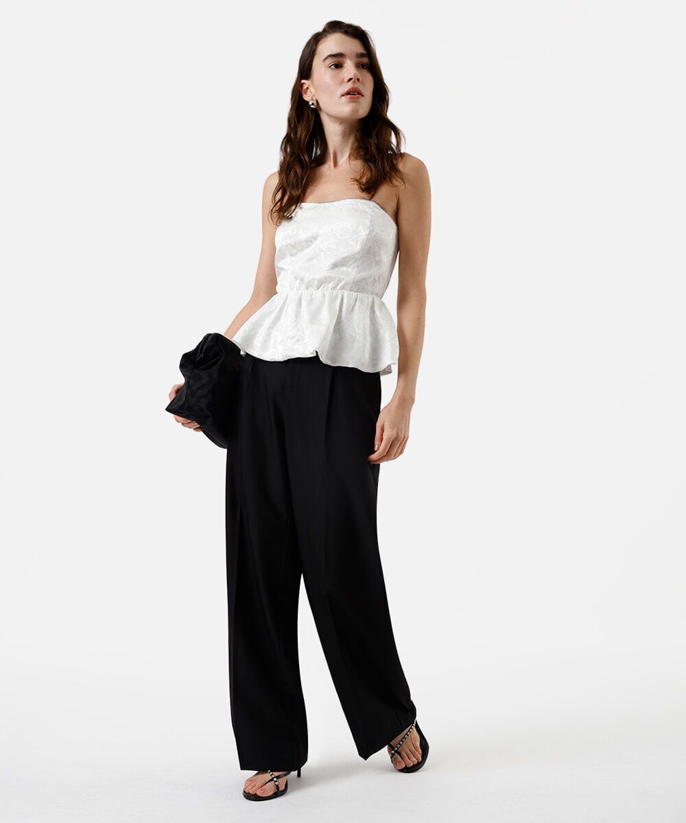 blusa peplum sem alça feminina floral acetinada off white