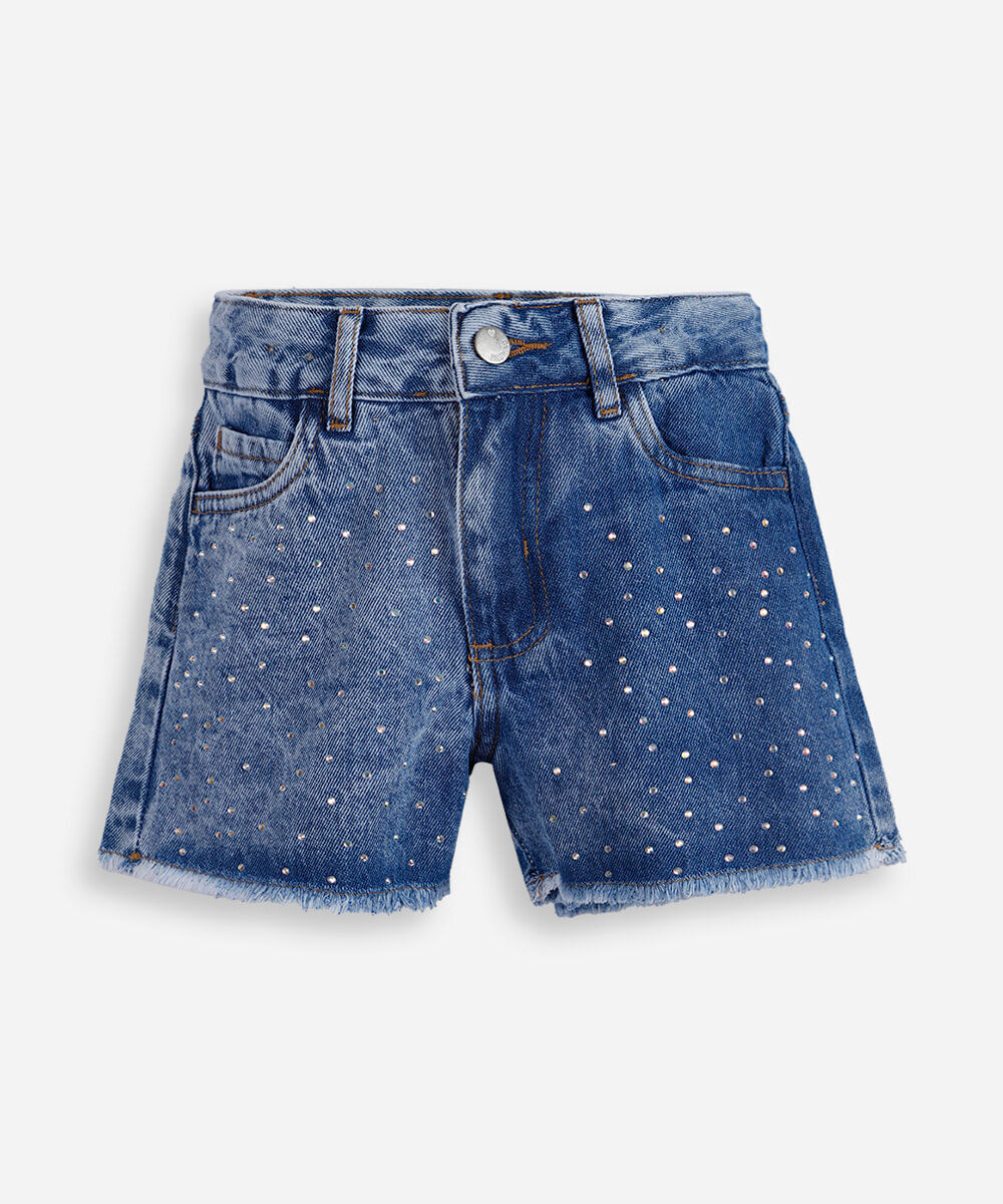 short mom infantil jeans com barra desfiada e brilhos azul