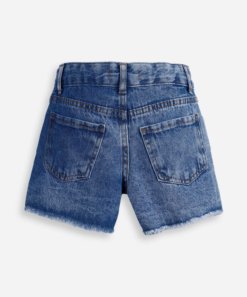 short mom infantil jeans com barra desfiada e brilhos azul