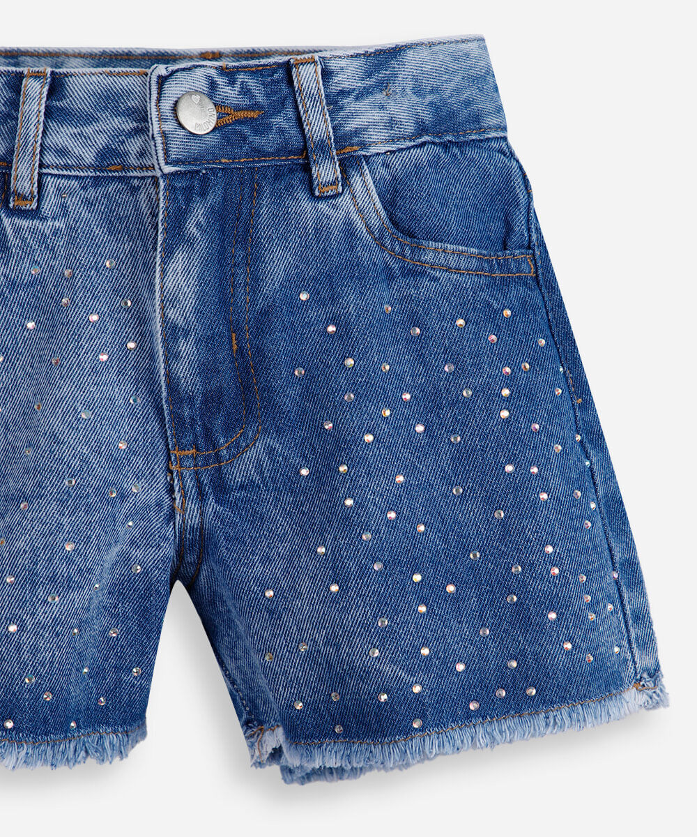 short mom infantil jeans com barra desfiada e brilhos azul