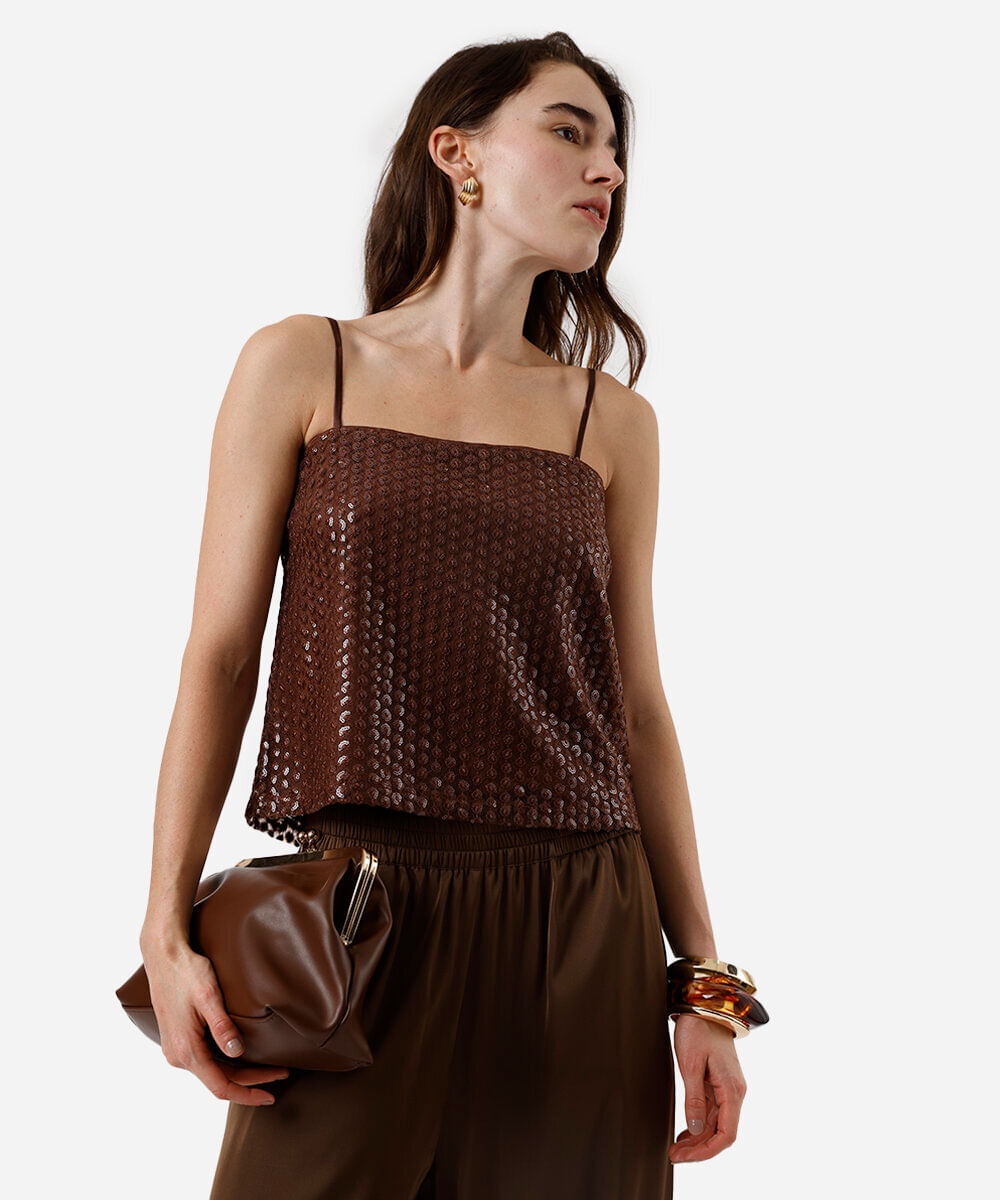 blusa alça fina feminina de paetê marrom
