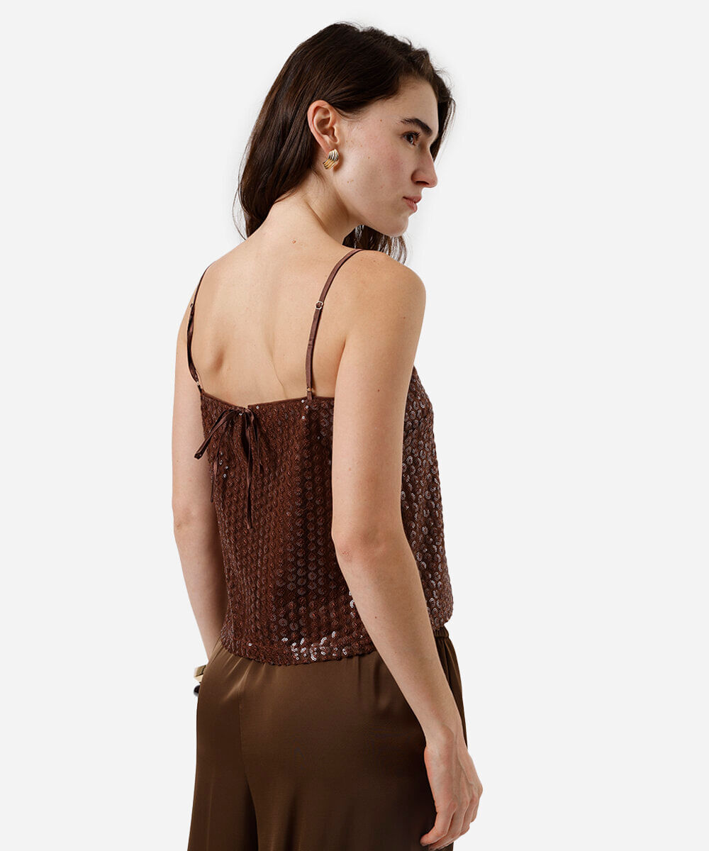 blusa alça fina feminina de paetê marrom