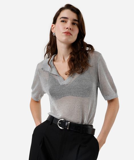 polo feminina de tricot com lurex prateada