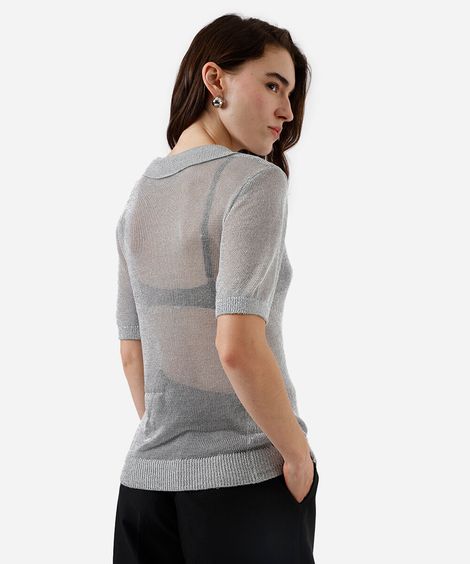 polo feminina de tricot com lurex prateada