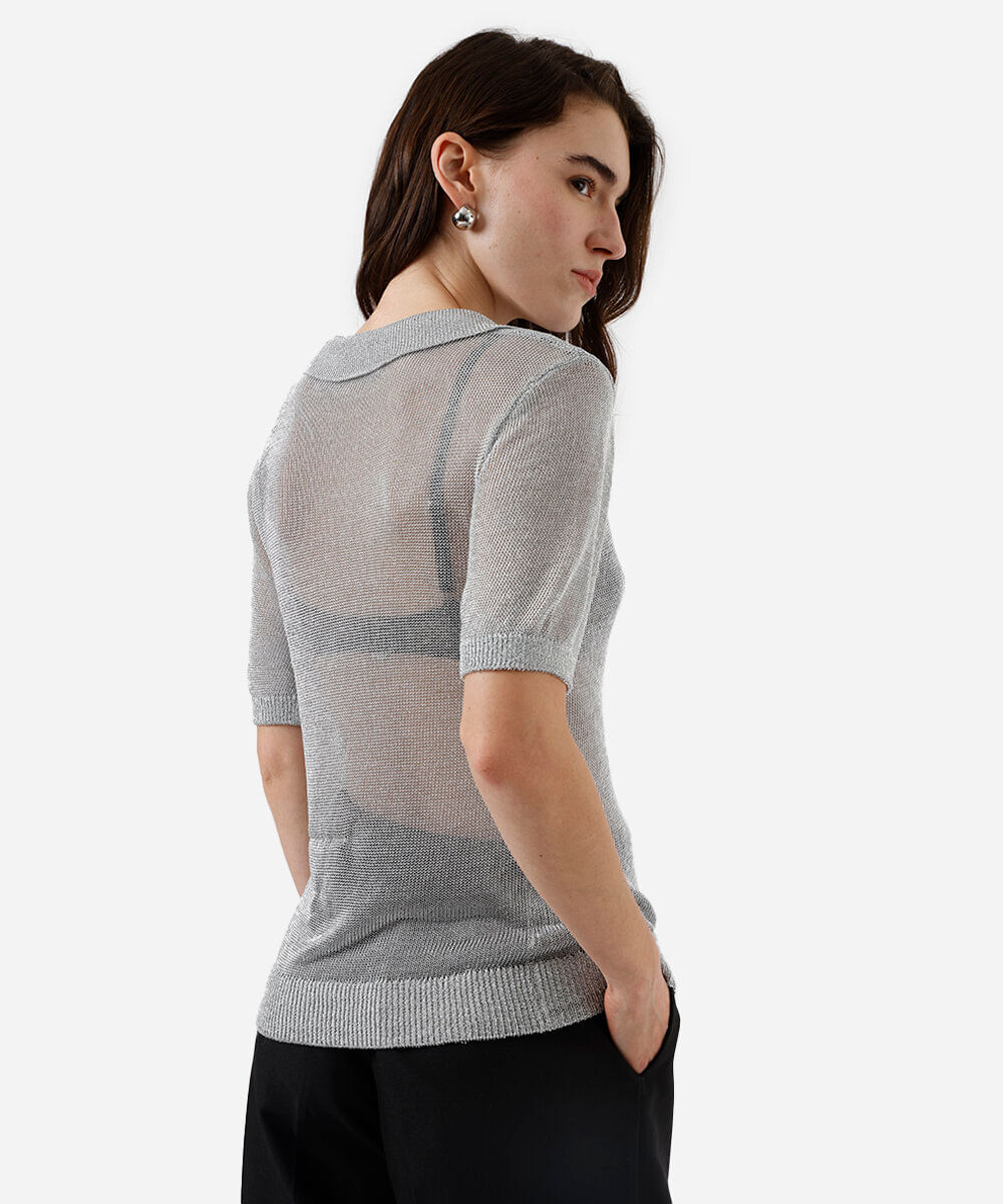polo feminina de tricot com lurex prateada