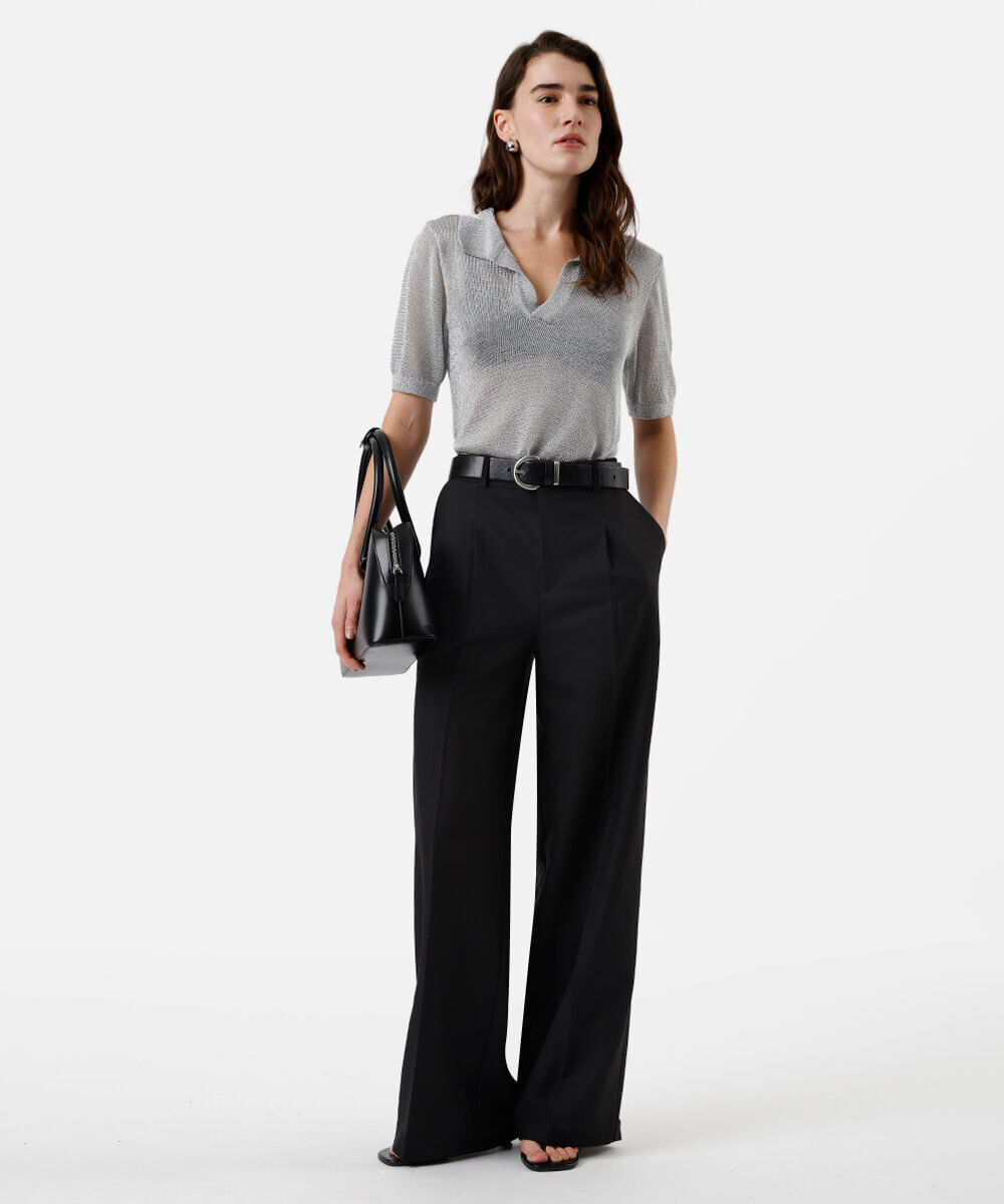 polo feminina de tricot com lurex prateada