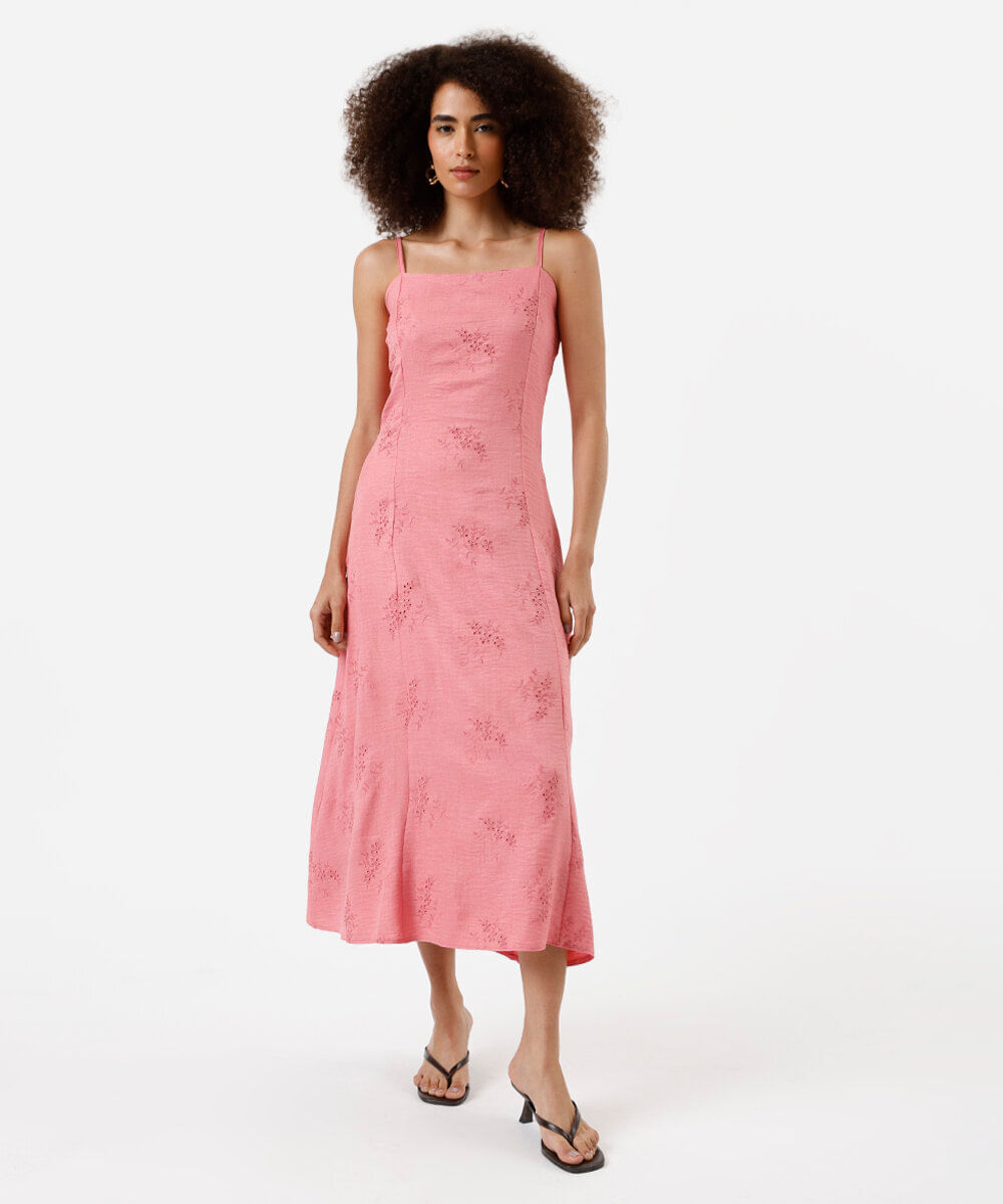vestido midi feminino com bordado rosa