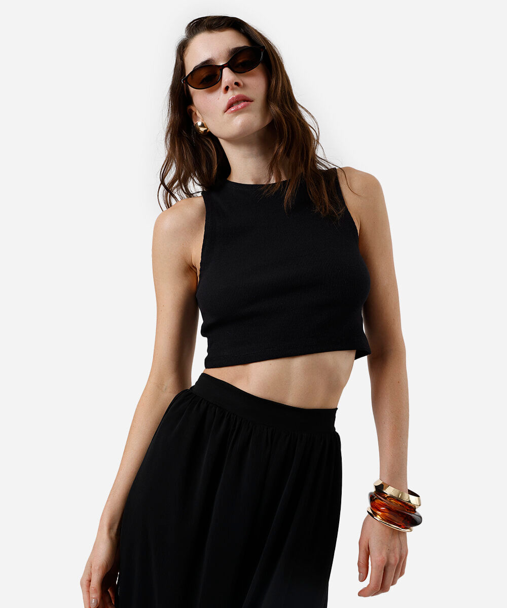 cropped básico feminino de algodão canelado preto