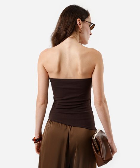 blusa sem alça feminina com viscose franzida assimétrica marrom