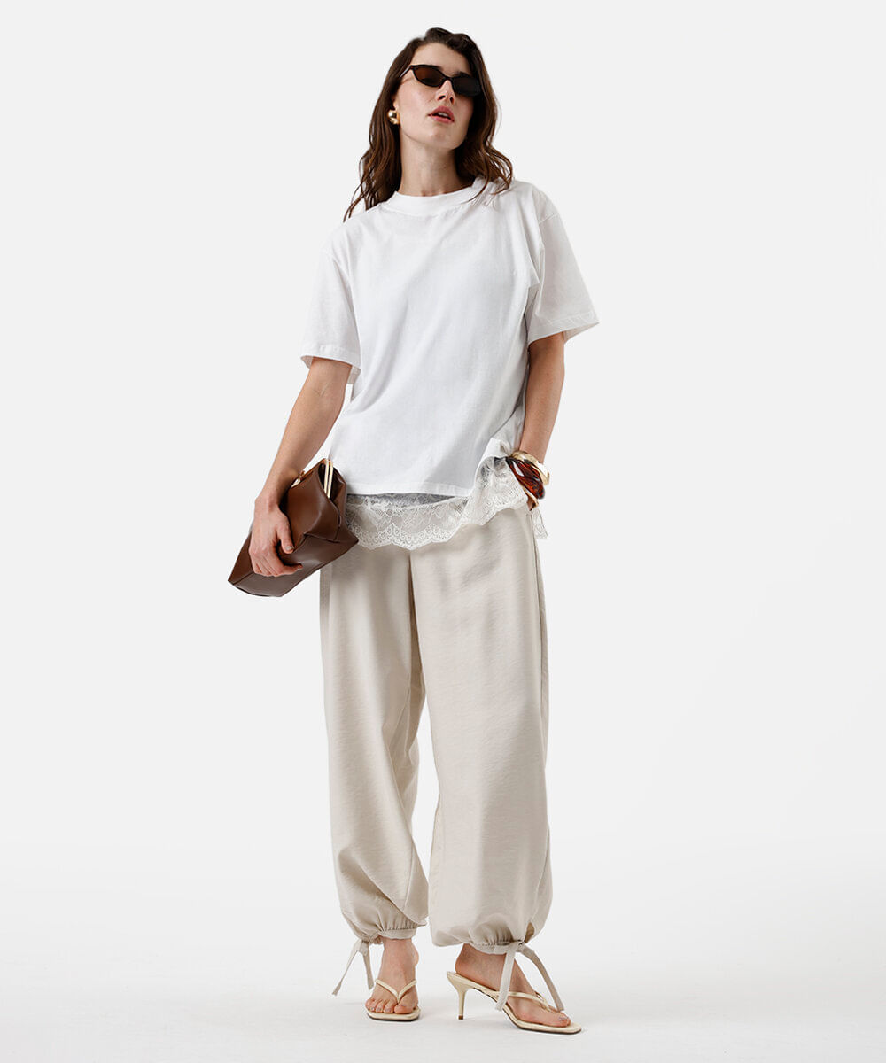 calça aladim feminina com viscose e amarração bege