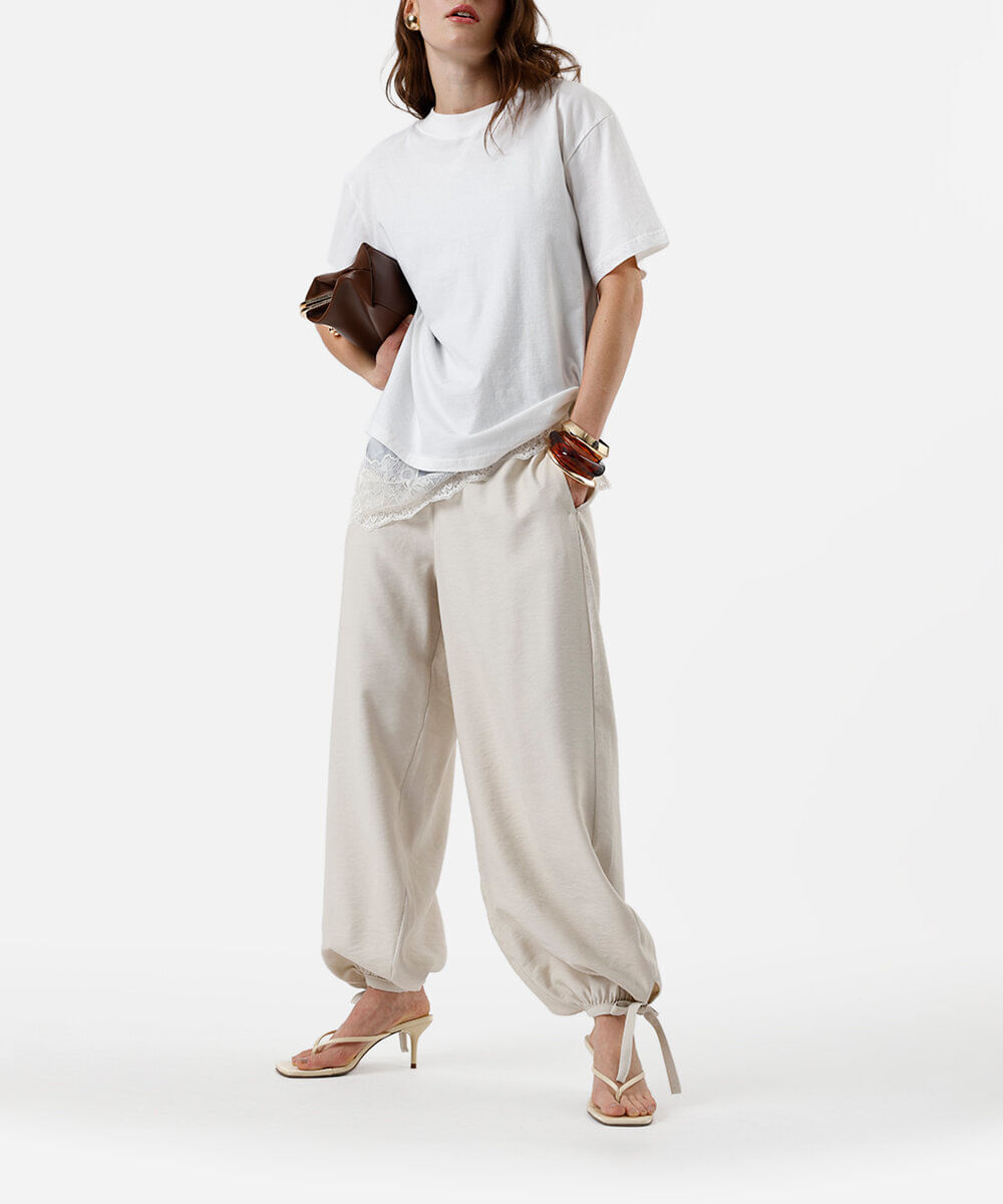 calça aladim feminina com viscose e amarração bege