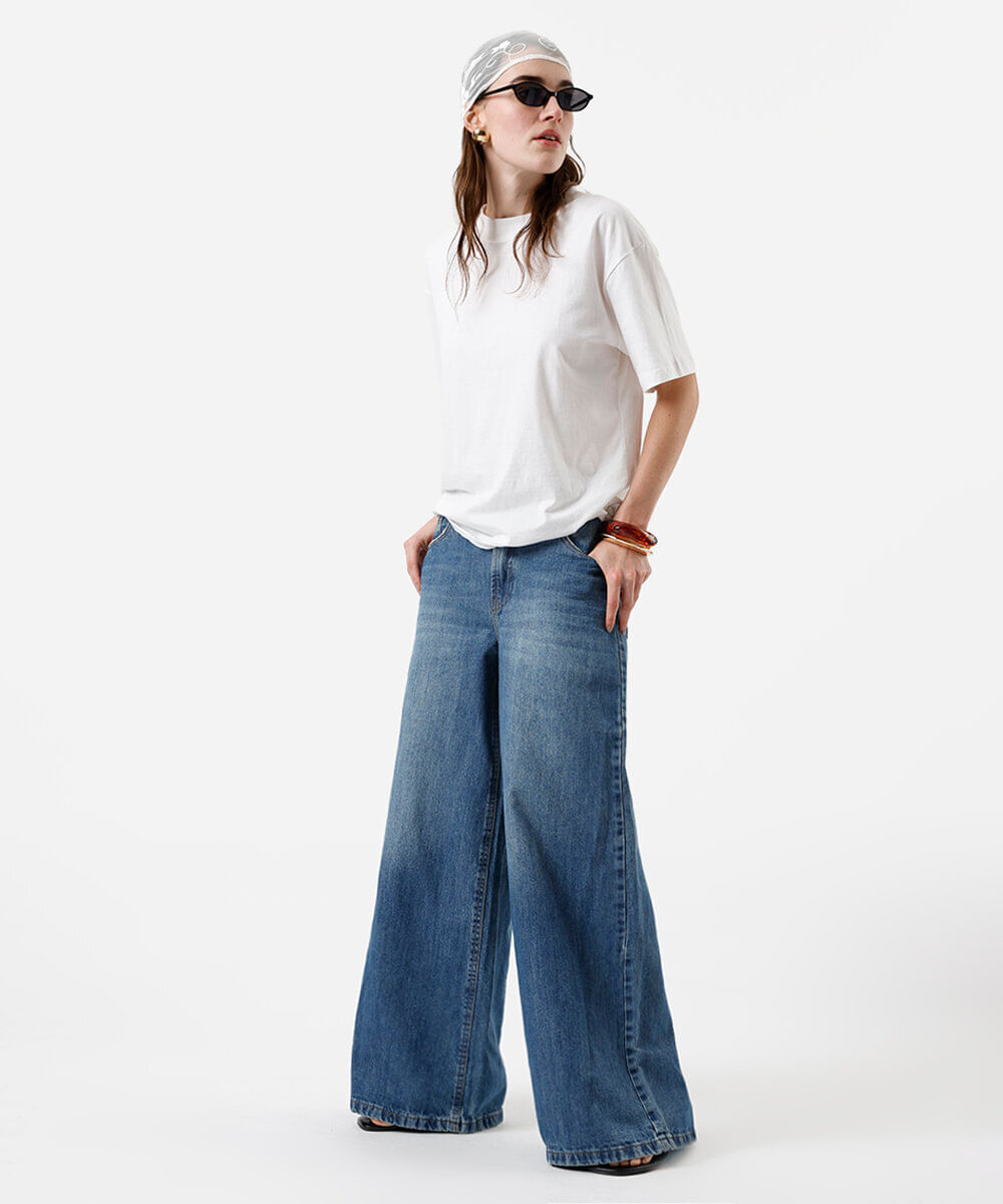 calça super wide leg feminina jeans azul