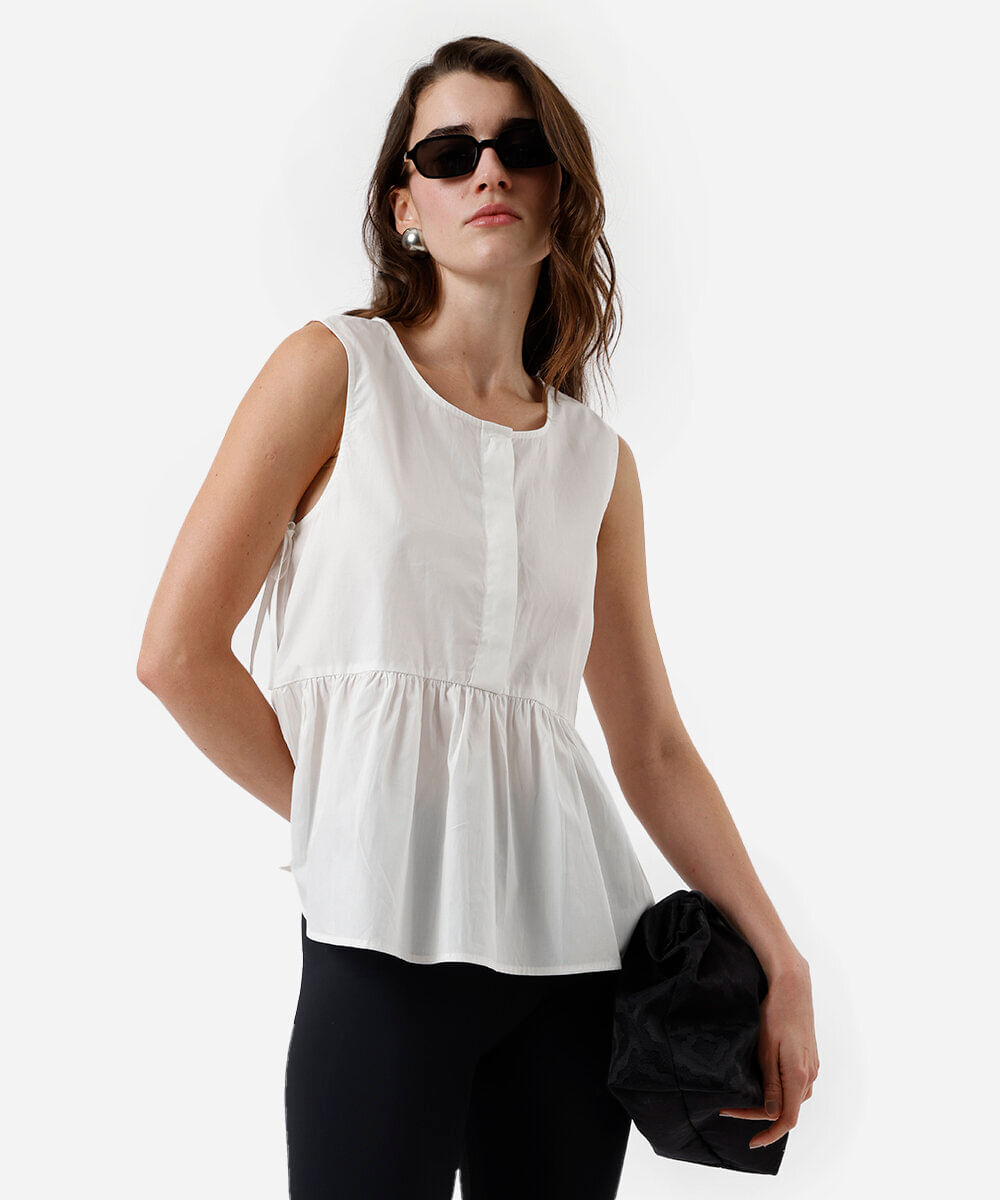 blusa feminina de algodão com recorte e amarração off white