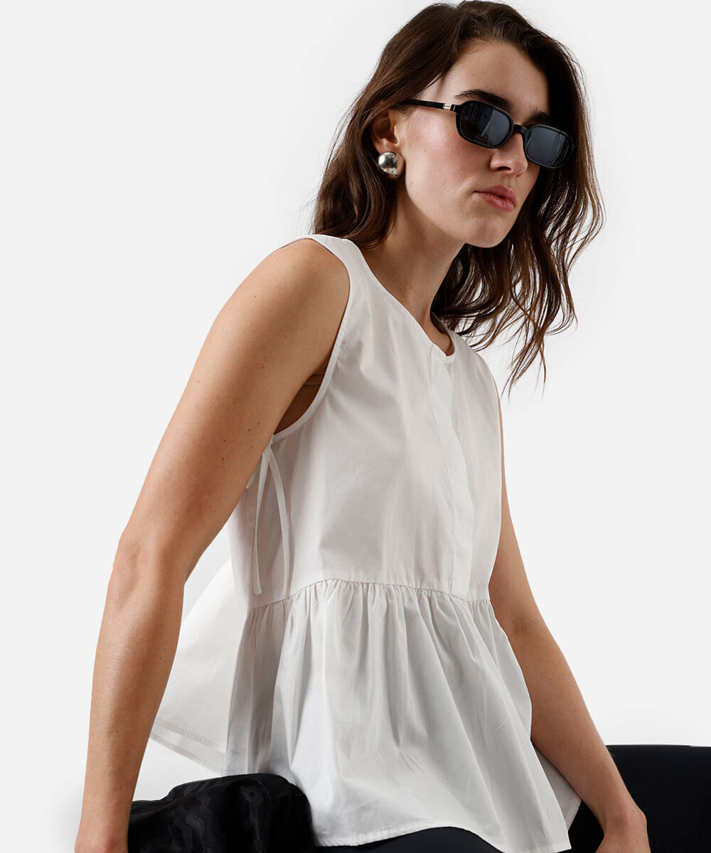 blusa feminina de algodão com recorte e amarração off white
