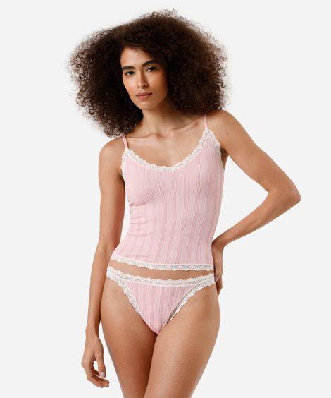 kit de regata e calcinha feminino com renda canelado rosa