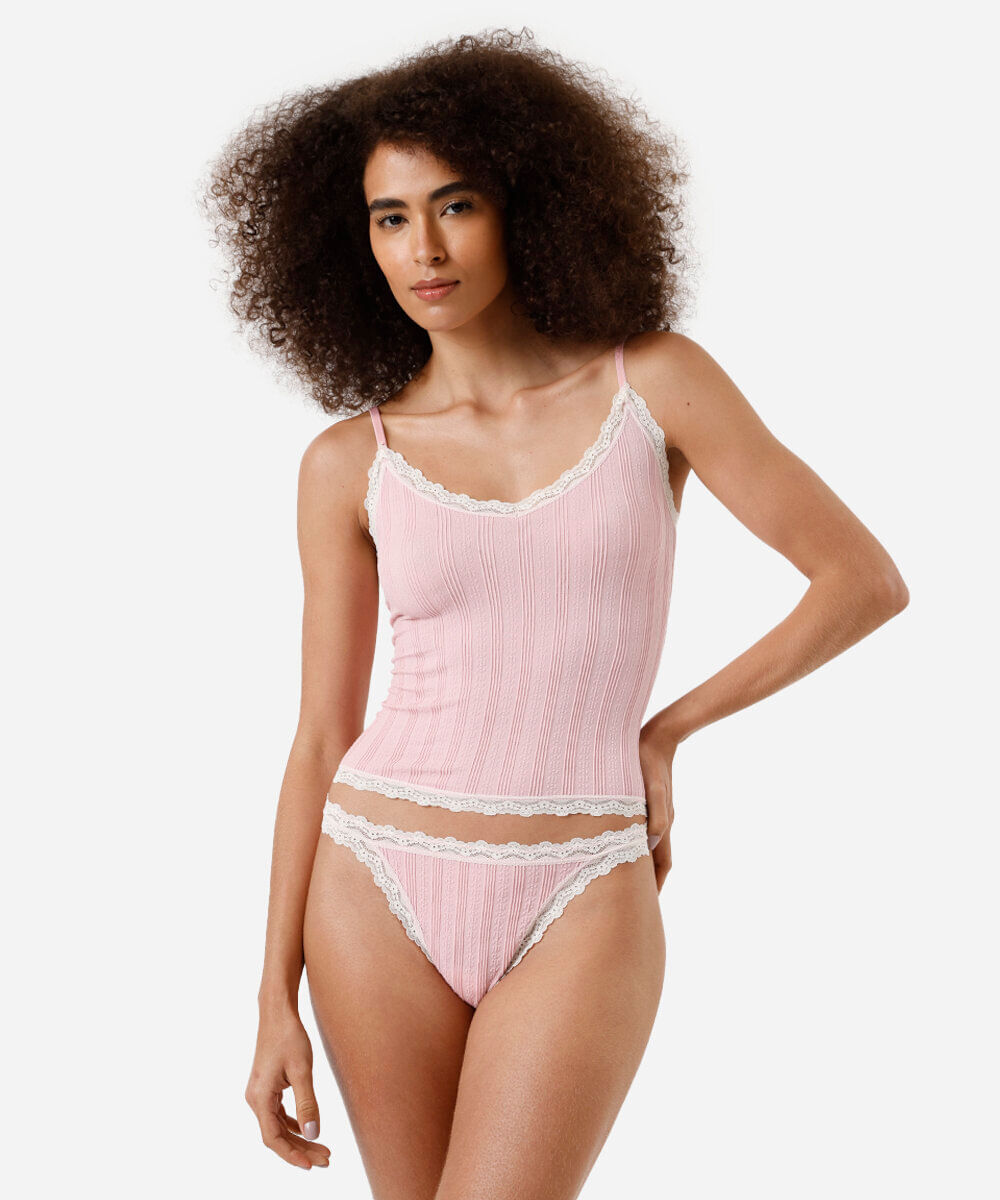 kit de regata e calcinha feminino com renda canelado rosa