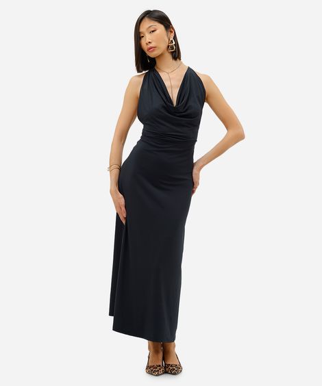 vestido midi feminino franzido preto