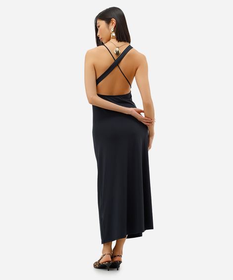 vestido midi feminino franzido preto