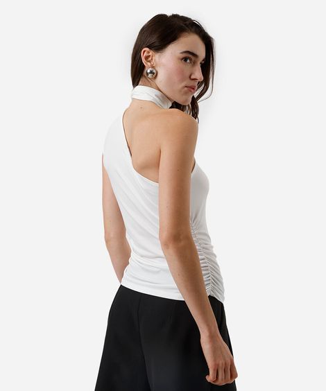 blusa ombro único feminina com lenço franzida off white