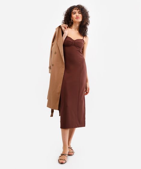 vestido midi feminino decote coração com fenda marrom