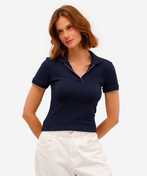 polo feminina de algodão manga curta canelada azul