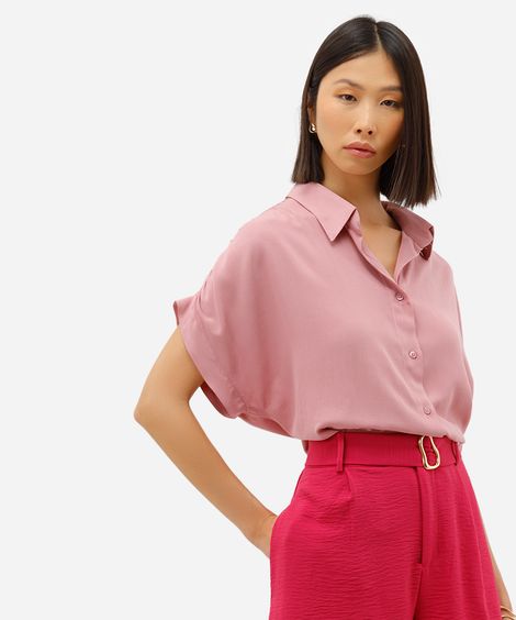 camisa feminina de viscose manga curta texturizada rosa
