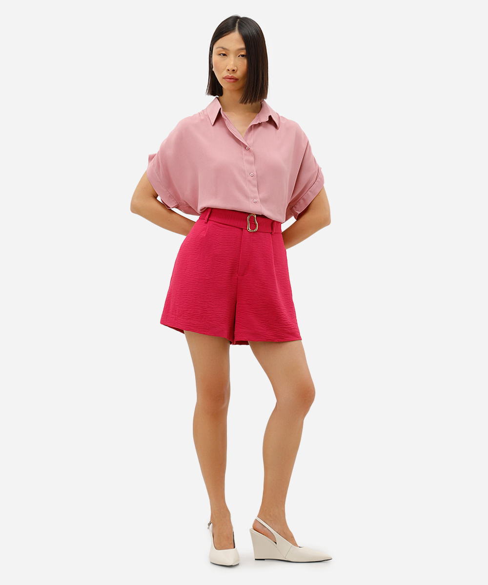 camisa feminina de viscose manga curta texturizada rosa