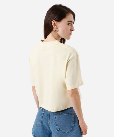 camiseta box fit feminina de algodão estampada oversized amarela