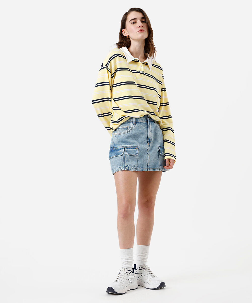 minissaia feminina jeans multibolsos azul