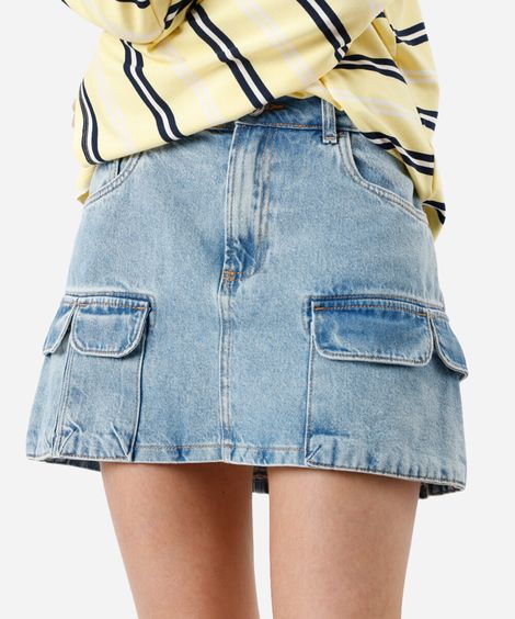 minissaia feminina jeans multibolsos azul