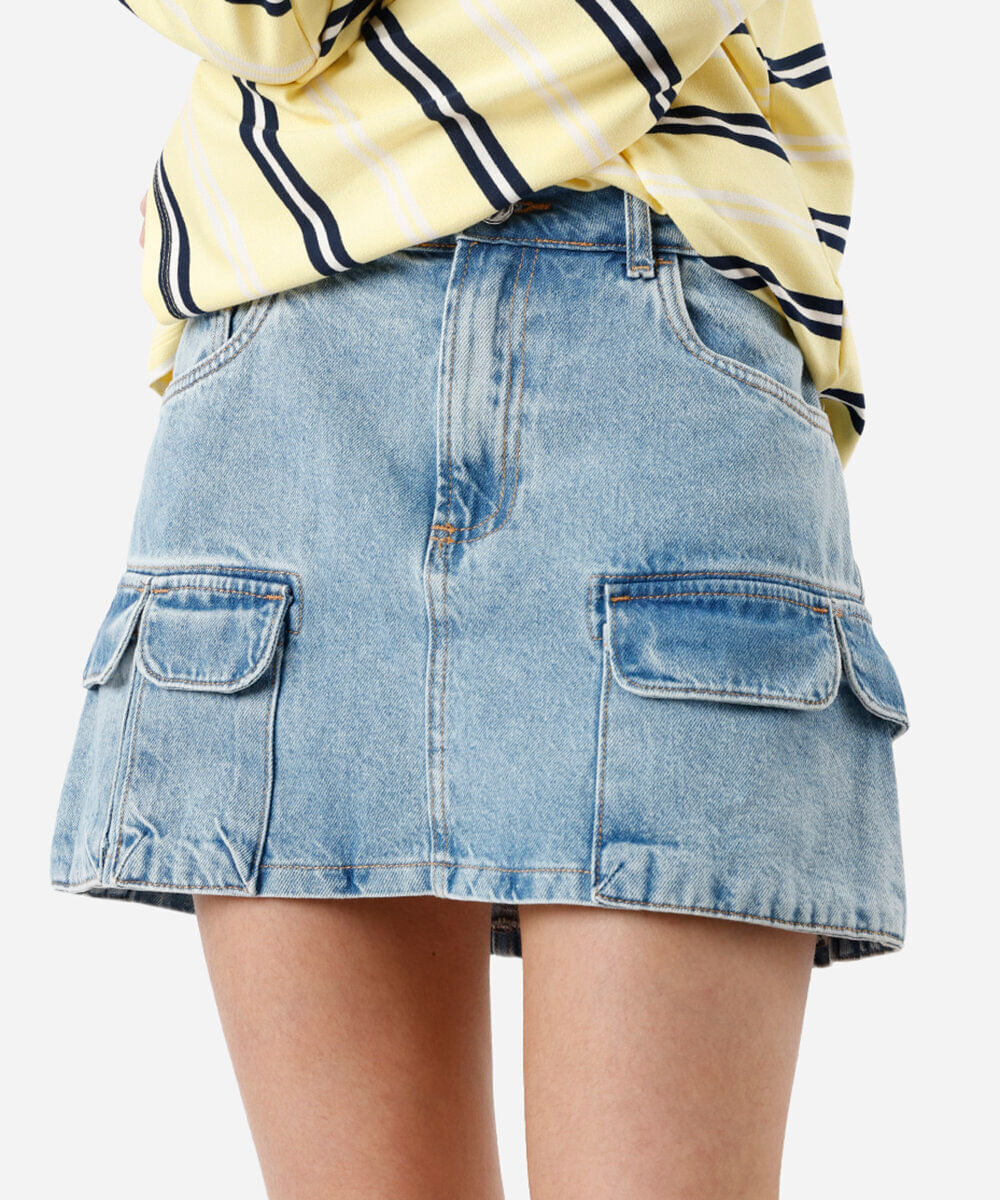 minissaia feminina jeans multibolsos azul