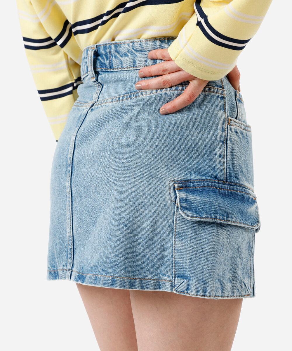 minissaia feminina jeans multibolsos azul