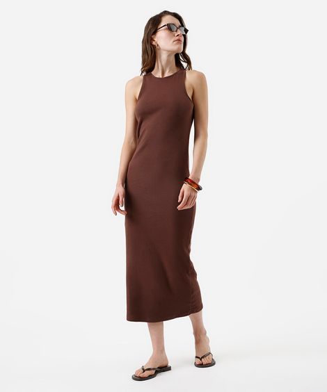 vestido midi tubinho feminino de algodão básico marrom