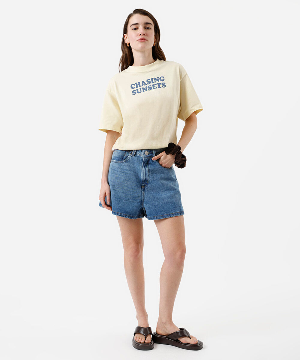 short feminino jeans cintura alta azul