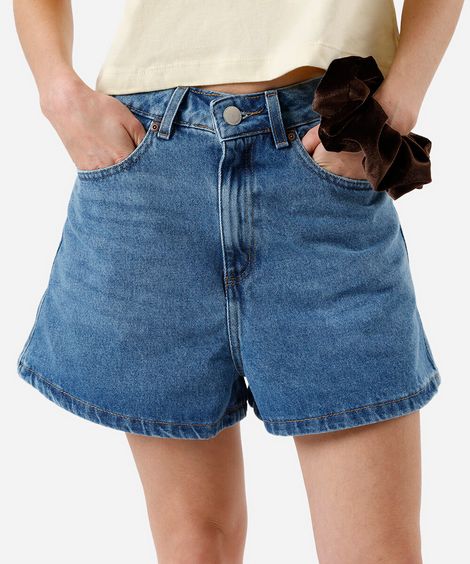 short feminino jeans cintura alta azul