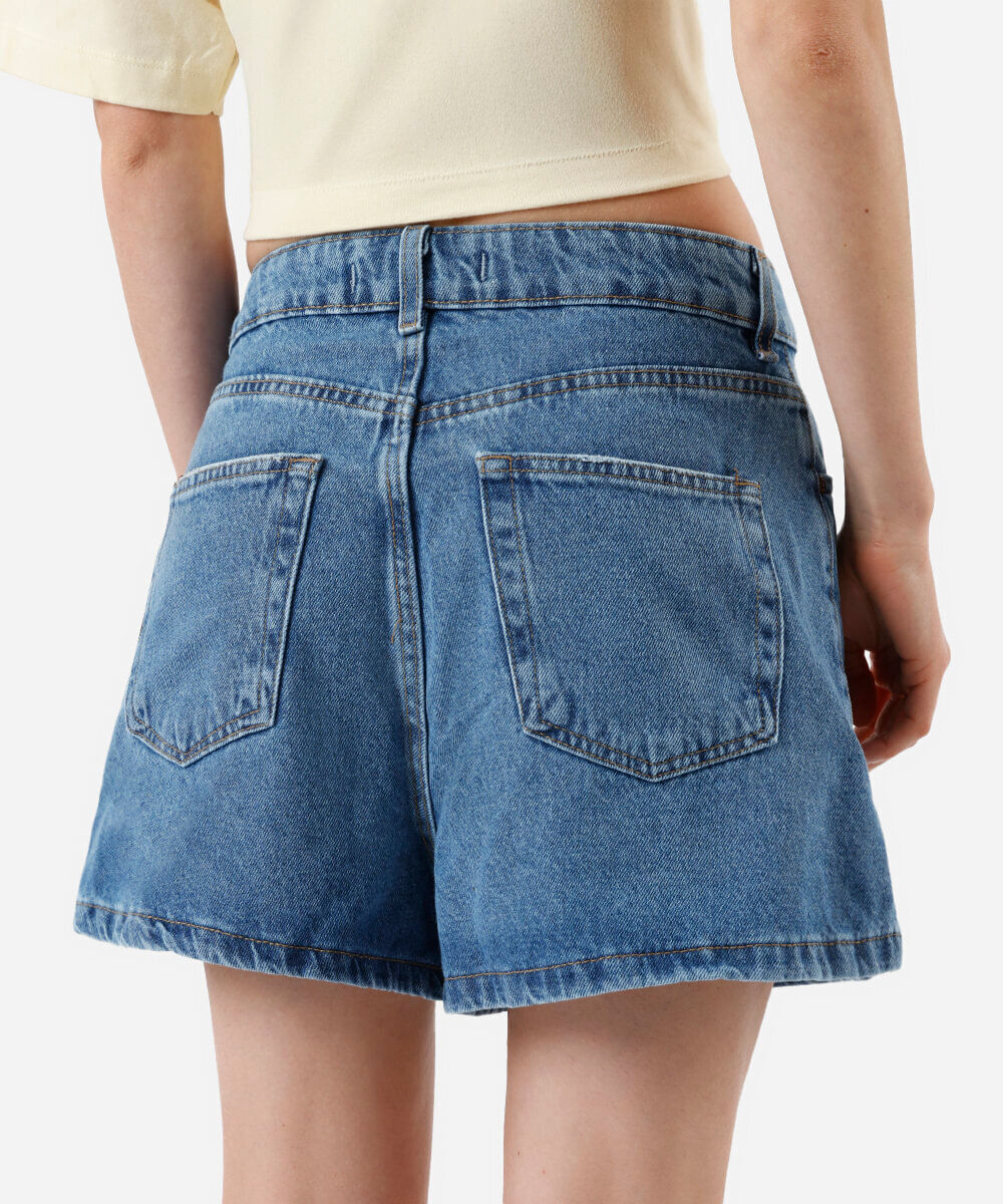 short feminino jeans cintura alta azul