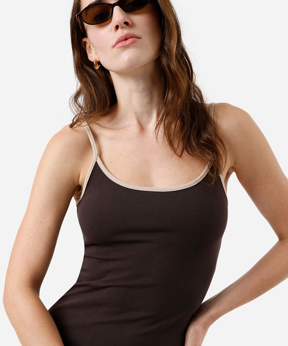 vestido curto alça fina feminino de algodão básico marrom
