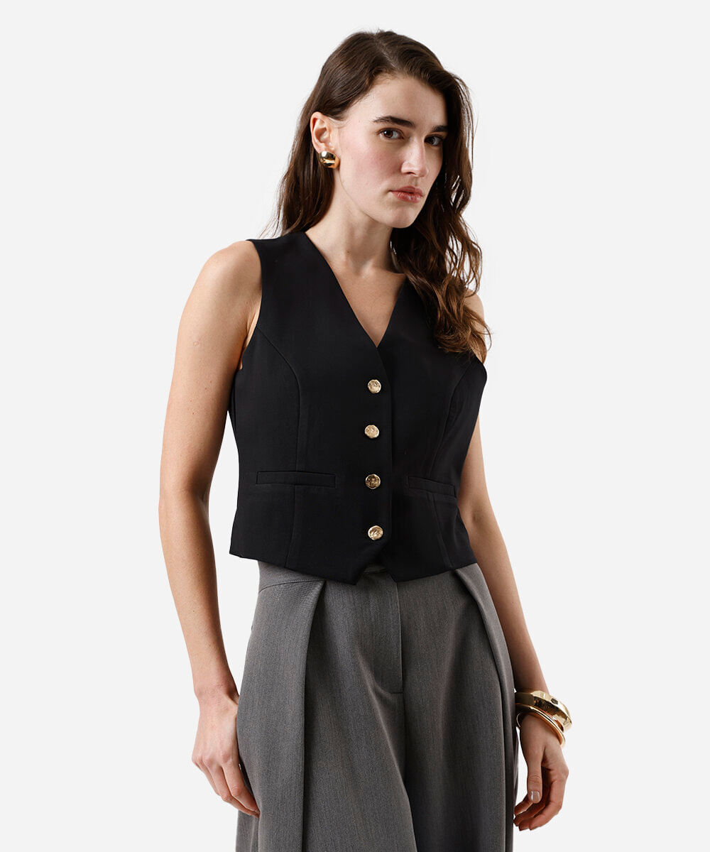 colete de alfaiataria feminino  decote v preto