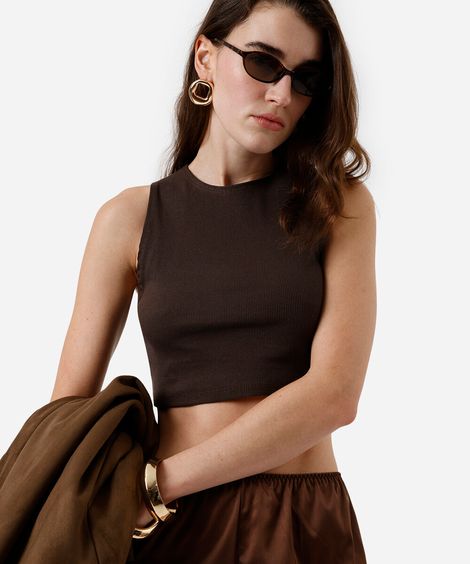cropped básico feminino de algodão canelado marrom