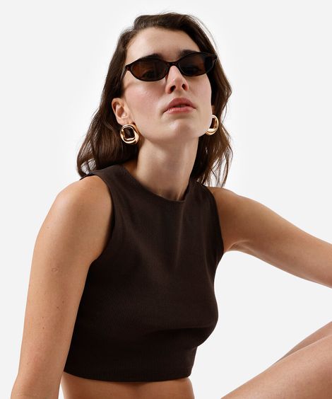 cropped básico feminino de algodão canelado marrom