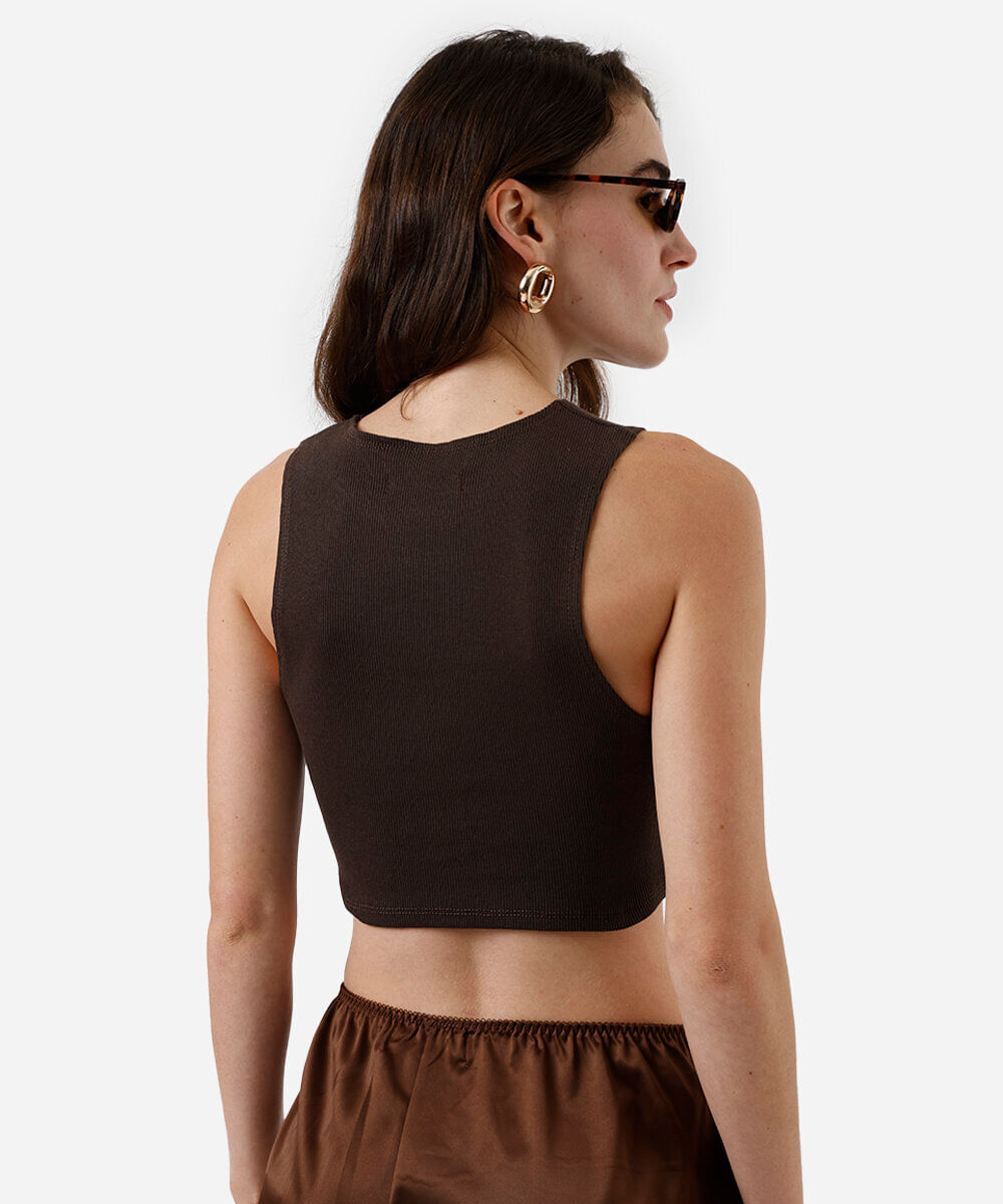 cropped básico feminino de algodão canelado marrom