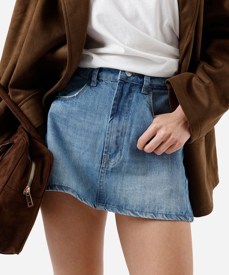 minissaia feminina jeans cintura média azul