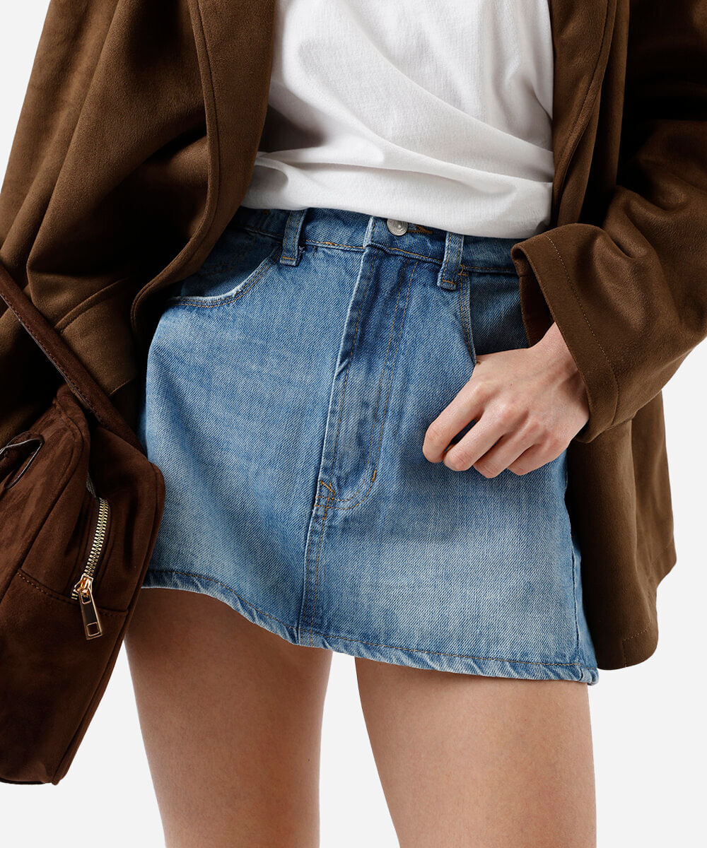 minissaia feminina jeans cintura média azul