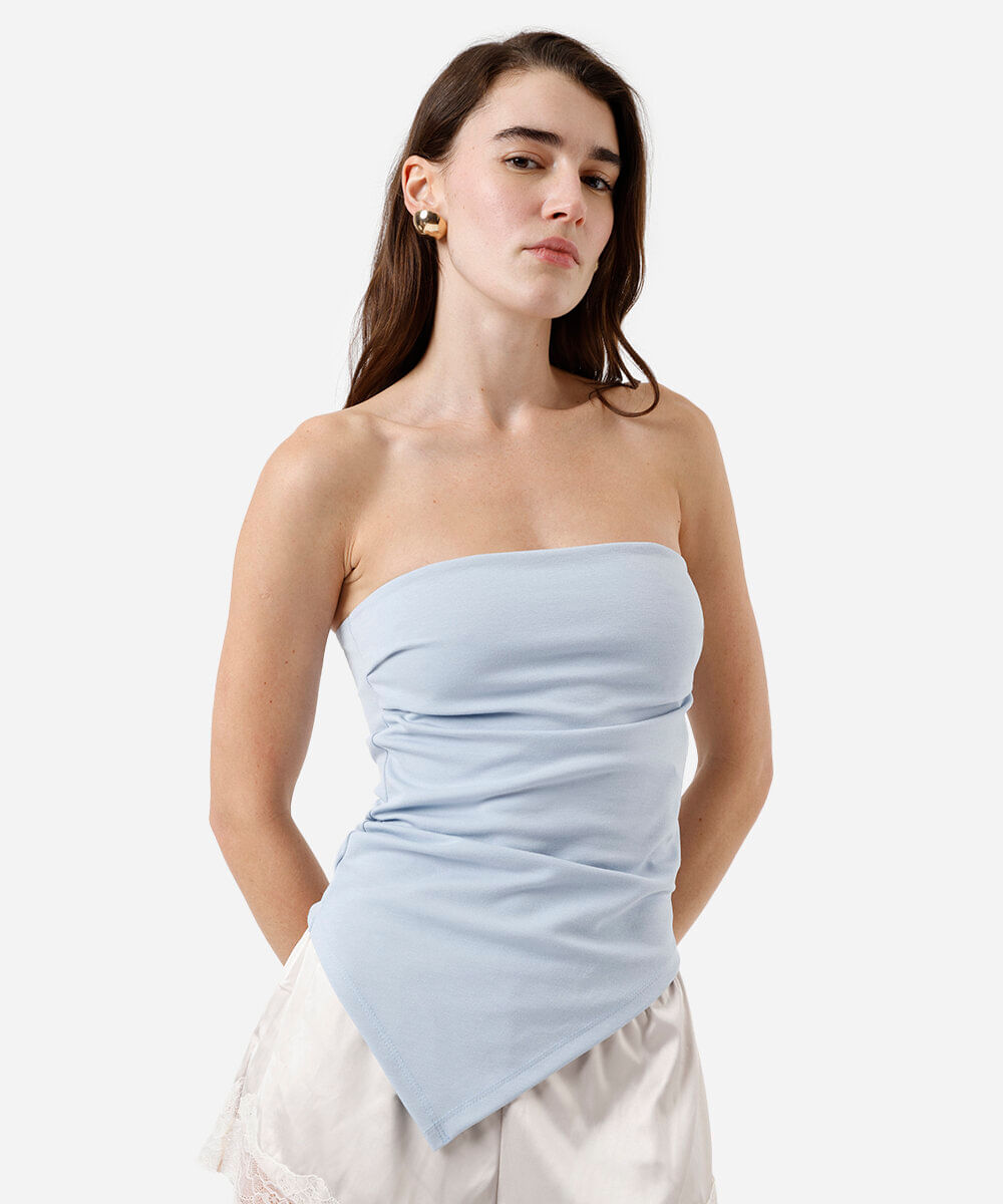 blusa sem alça feminina com viscose franzida assimétrica azul