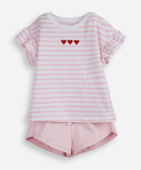 conjunto curto infantil de algodão listrado rosa