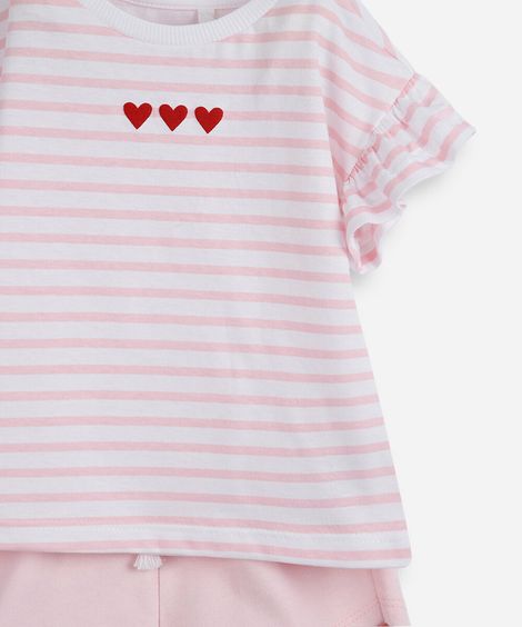 conjunto curto infantil de algodão listrado rosa